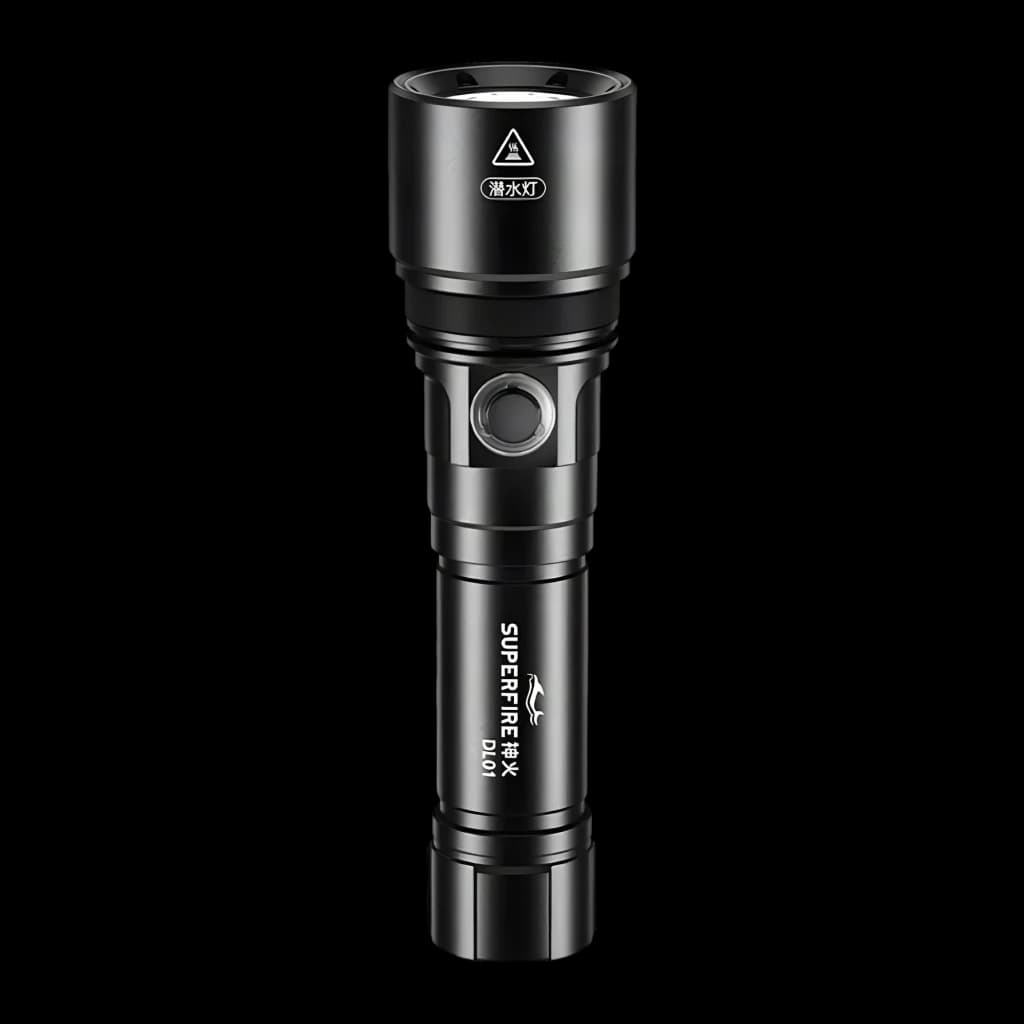 Lanterna LED Superfire DL01 Preto Recarregável 1400 lúmens 270 m, detalhe: corpo completo com botão lateral, logo gravado