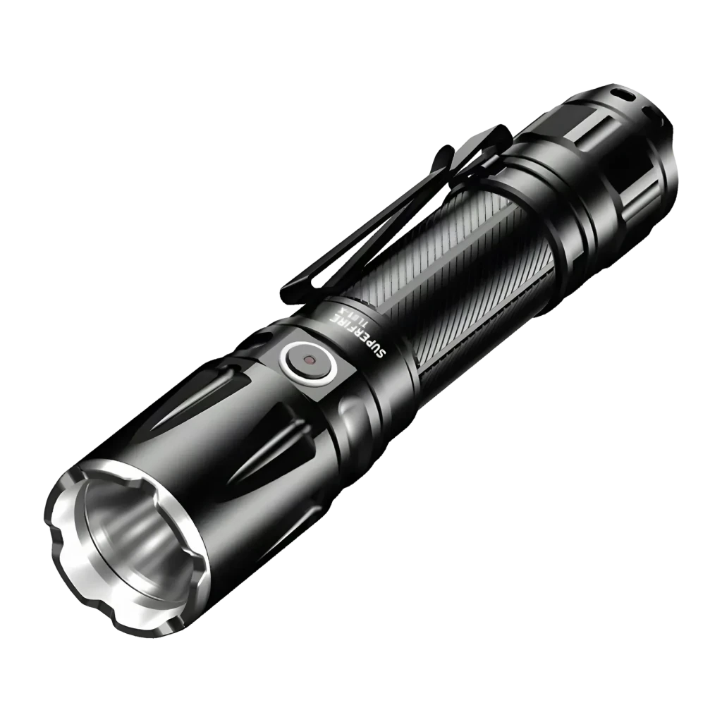 Lanterna LED Superfire Preto Recarregável USB-C IP67 1800 lúmens TL01-X, vista frontal: corpo preto estriado, lente