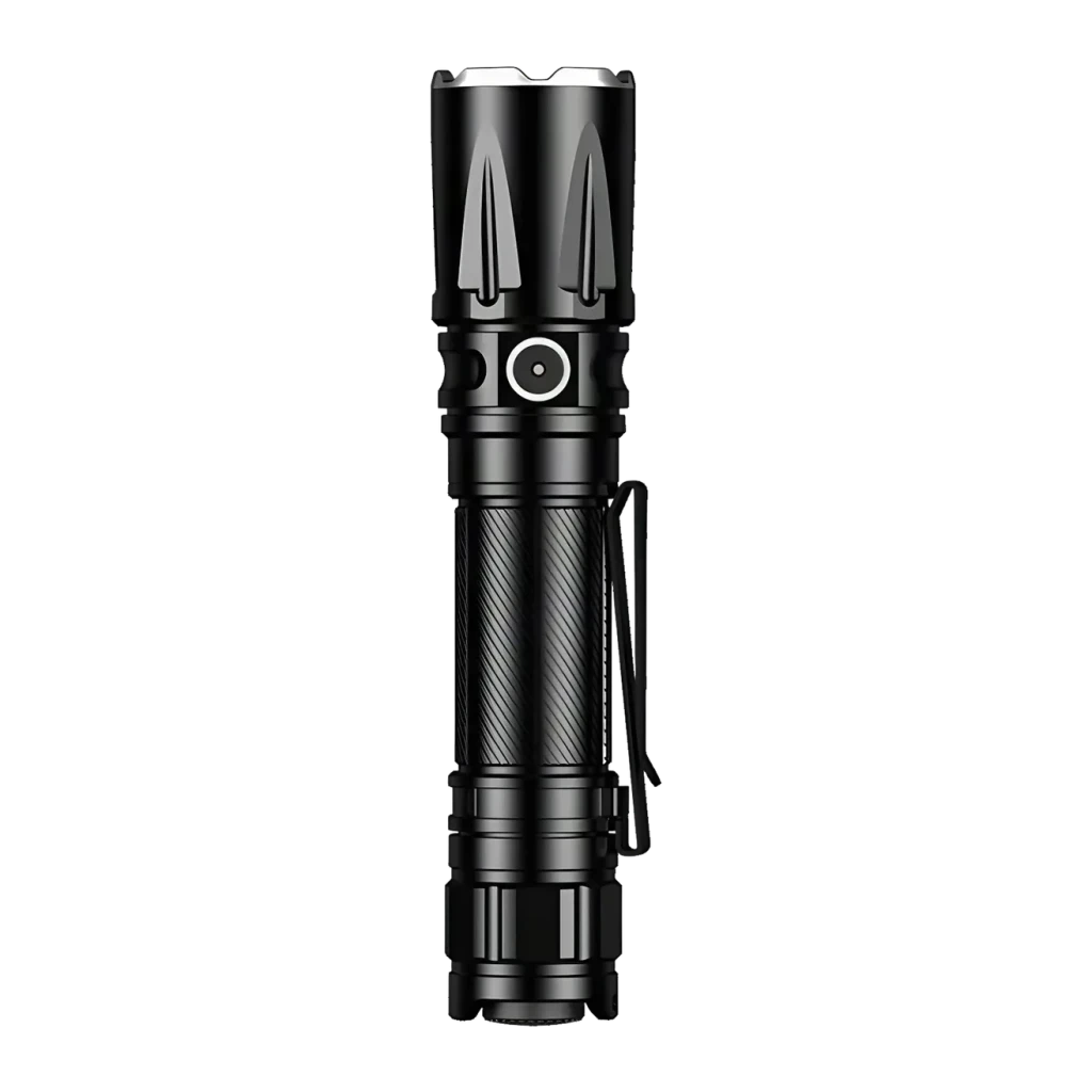 Lanterna LED Superfire Preto Recarregável USB-C IP67 1800 lúmens TL01-X, detalhe: vista frontal com botão lateral, aletas