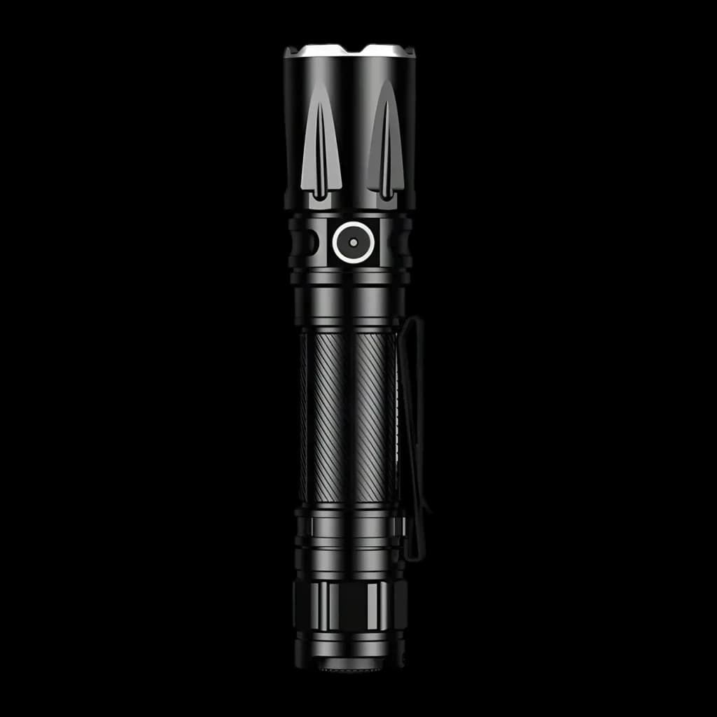 Lanterna LED Superfire Preto Recarregável USB-C IP67 1800 lúmens TL01-X, detalhe: vista frontal com botão lateral, aletas