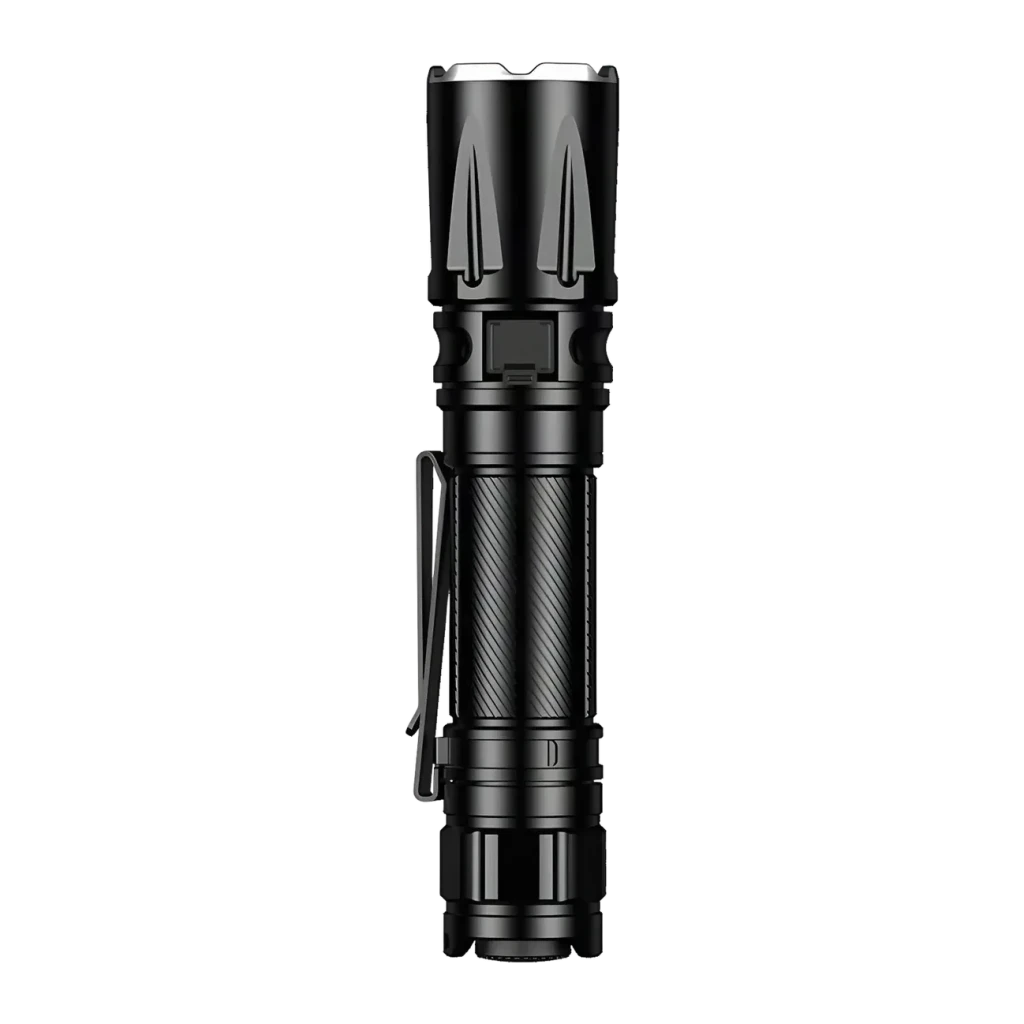 Lanterna LED Superfire Preto Recarregável USB-C IP67 1800 lúmens TL01-X, detalhe: vista frontal com clip lateral, cabeça