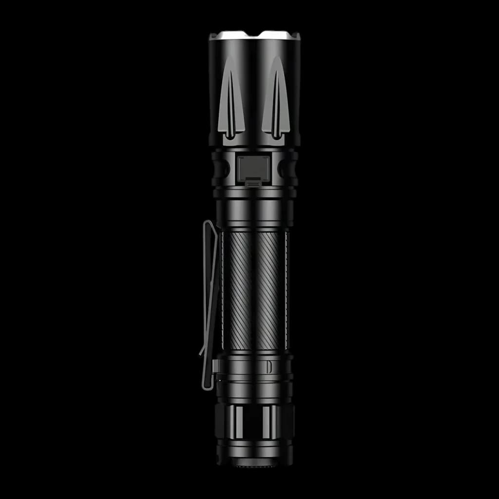 Lanterna LED Superfire Preto Recarregável USB-C IP67 1800 lúmens TL01-X, detalhe: vista frontal com clip lateral, cabeça