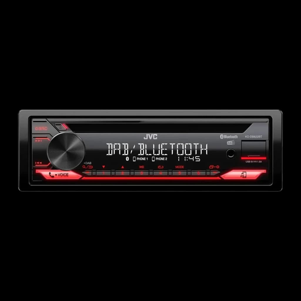 Auto-rádio JVC Preto 1 DIN Bluetooth DAB+ KD-DB622BT, vista frontal: ecrã iluminado a branco com botões vermelhos e botão