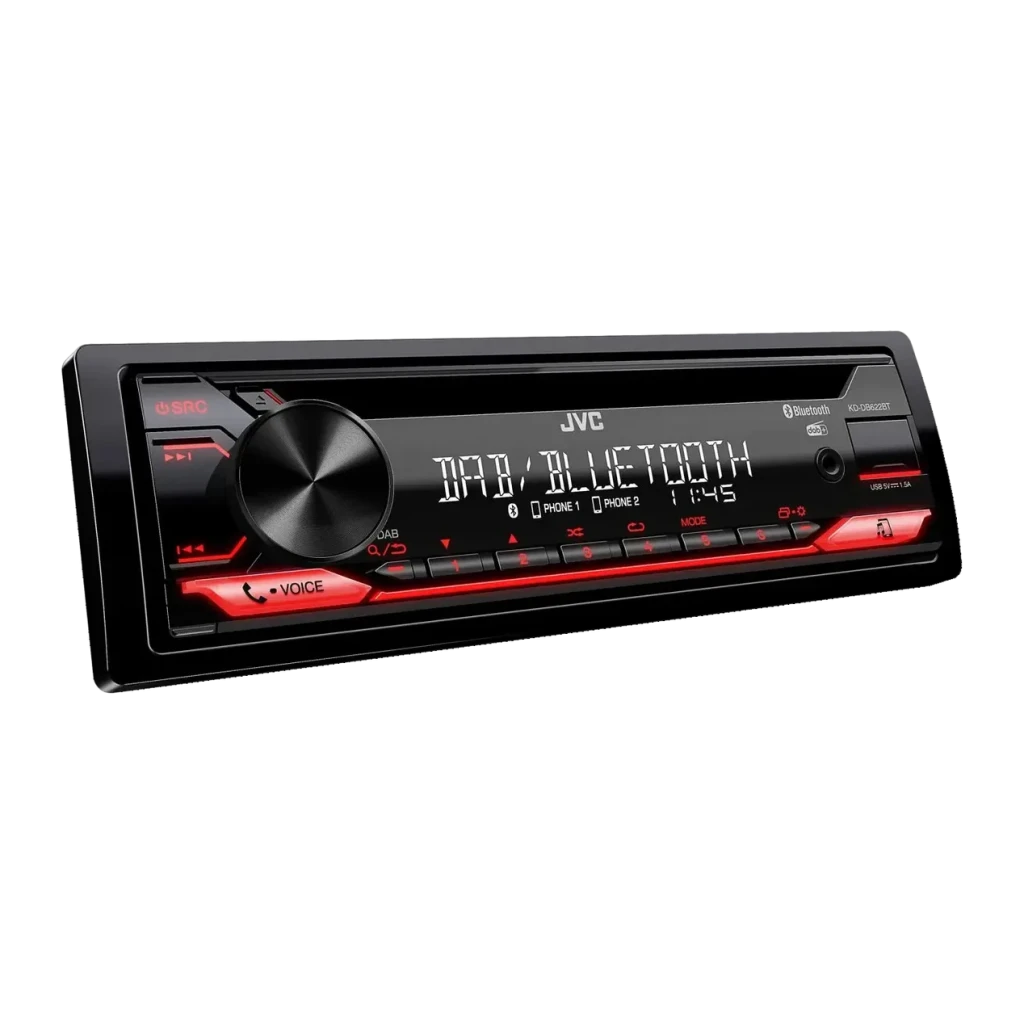 Auto-rádio JVC Preto 1 DIN Bluetooth DAB+ KD-DB622BT, detalhe: ecrã aceso com texto DAB/BLUETOOTH, botões com luz vermelha