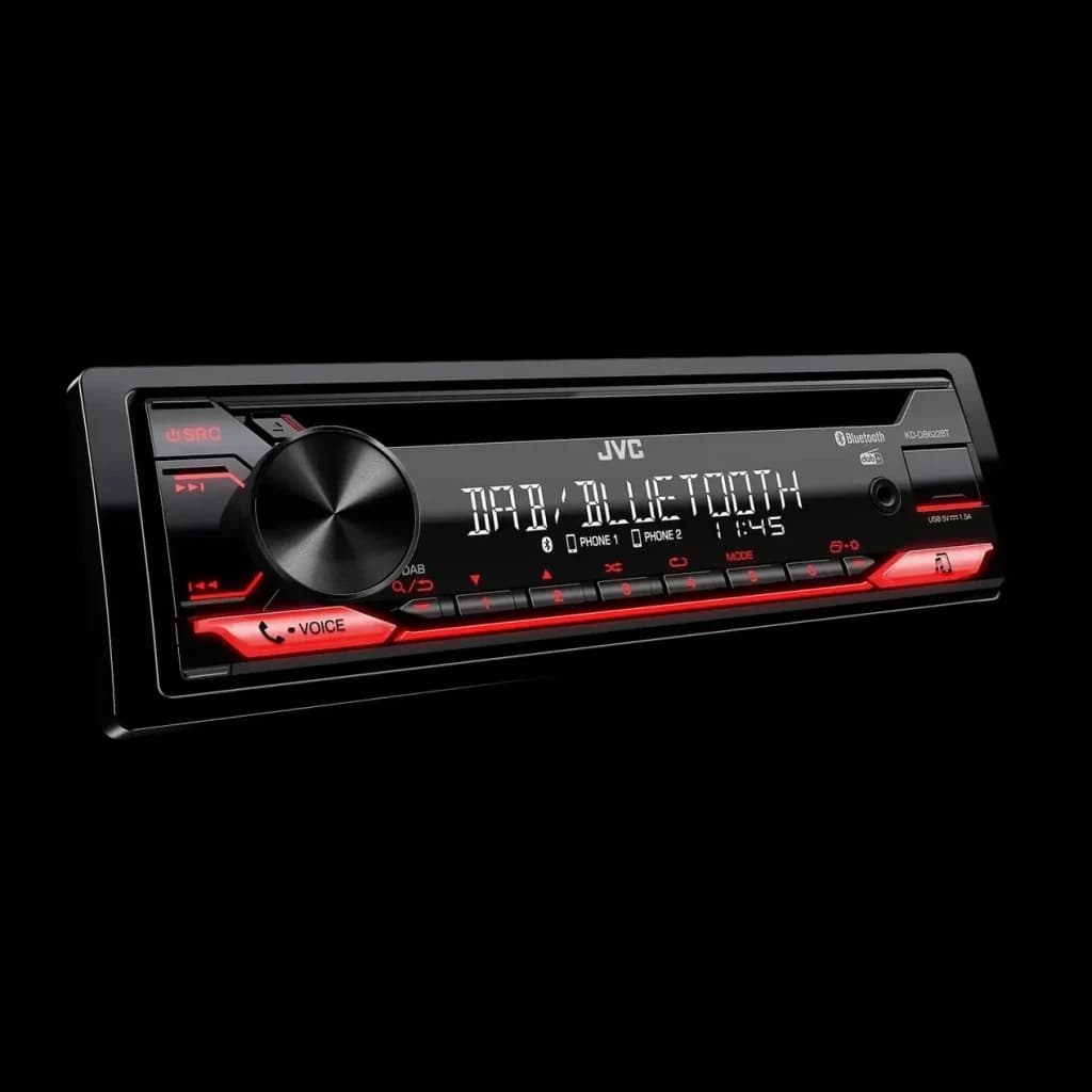 Auto-rádio JVC Preto 1 DIN Bluetooth DAB+ KD-DB622BT, detalhe: ecrã aceso com texto DAB/BLUETOOTH, botões com luz vermelha