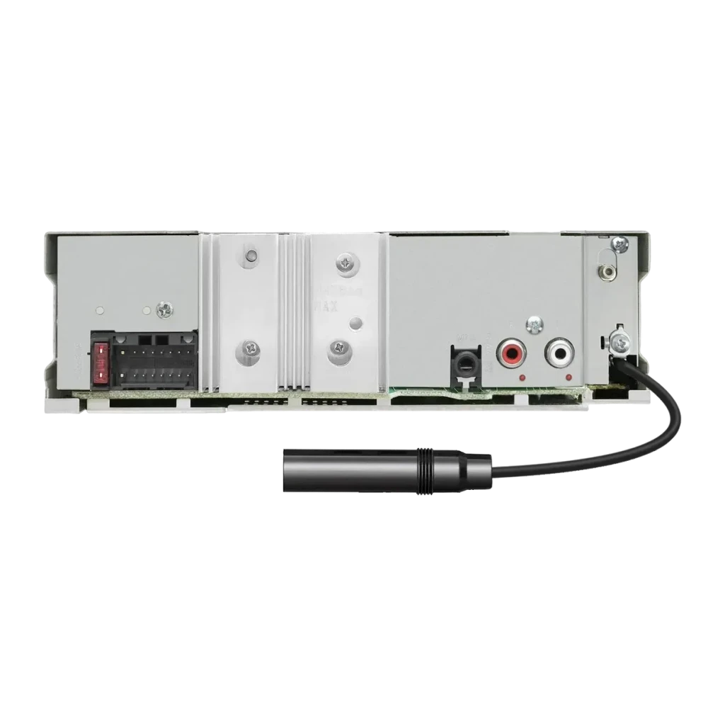 Auto-rádio JVC Preto 1 DIN Bluetooth DAB+ KD-DB622BT, vista traseira: conectores RCA, arnês de cablagem e adaptador de antena