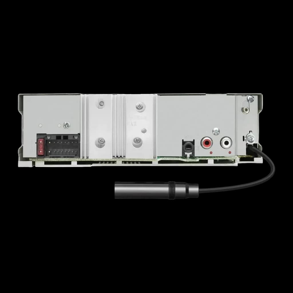 Auto-rádio JVC Preto 1 DIN Bluetooth DAB+ KD-DB622BT, vista traseira: conectores RCA, arnês de cablagem e adaptador de antena