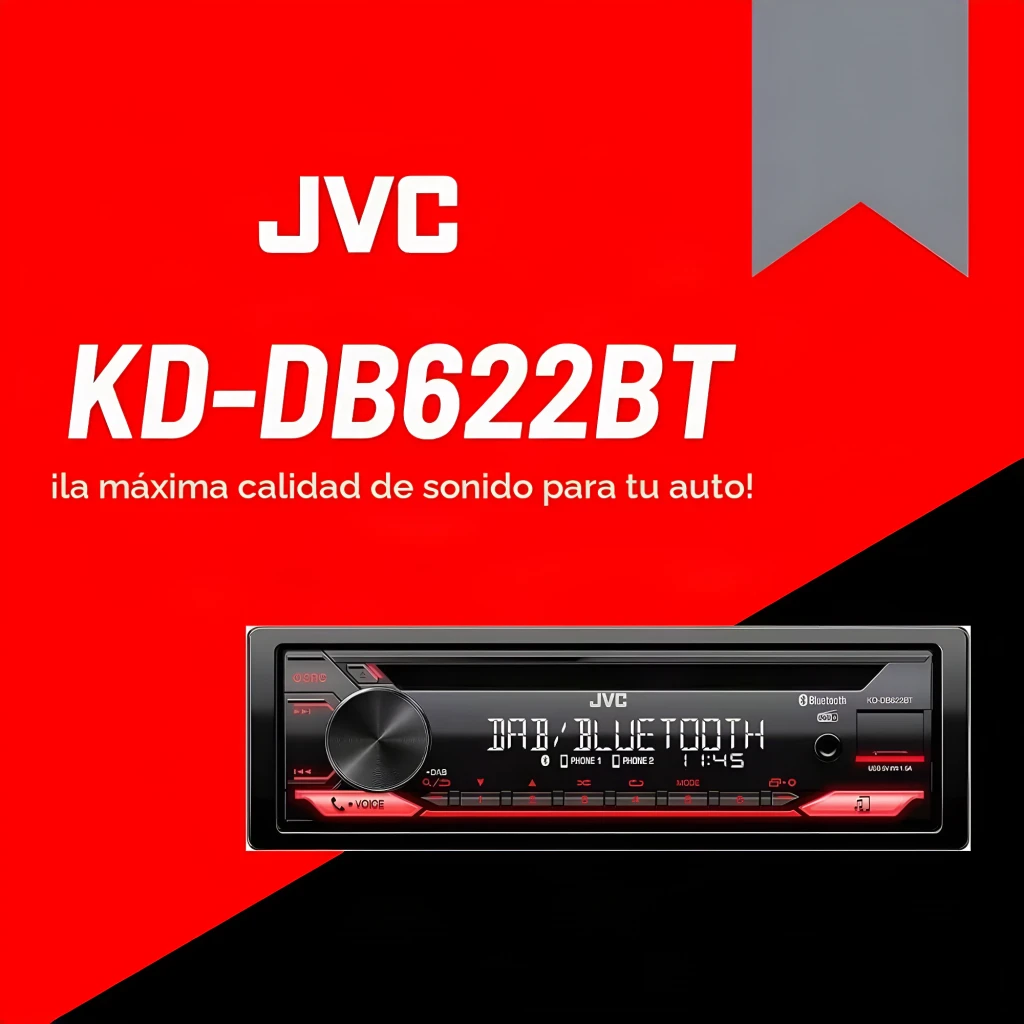 Auto-rádio JVC Preto 1 DIN Bluetooth DAB+ KD-DB622BT, banner: ecrã iluminado a vermelho com DAB/Bluetooth e logótipo JVC