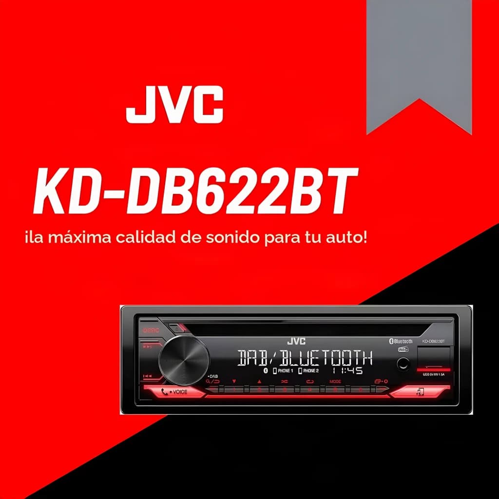 Auto-rádio JVC Preto 1 DIN Bluetooth DAB+ KD-DB622BT, banner: ecrã iluminado a vermelho com DAB/Bluetooth e logótipo JVC