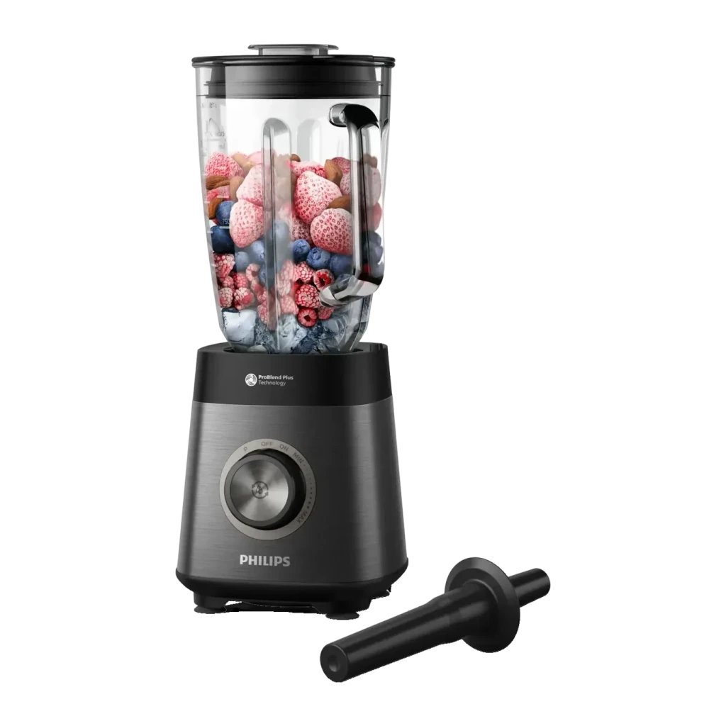 Batidora de vaso Philips Series 5000 2L Picahielos 1200W Negro HR3040/00, vista frontal: vaso transparente con fresas