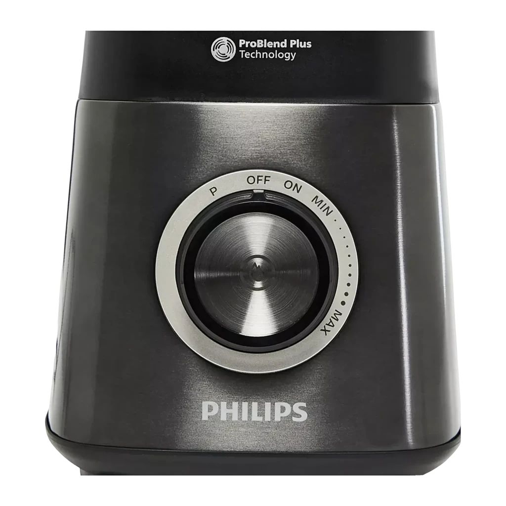 Batidora de vaso Philips Series 5000 2L Picahielos 1200W Negro HR3040/00, detalle: mando giratorio P-OFF-ON-MIN-MAX y logo
