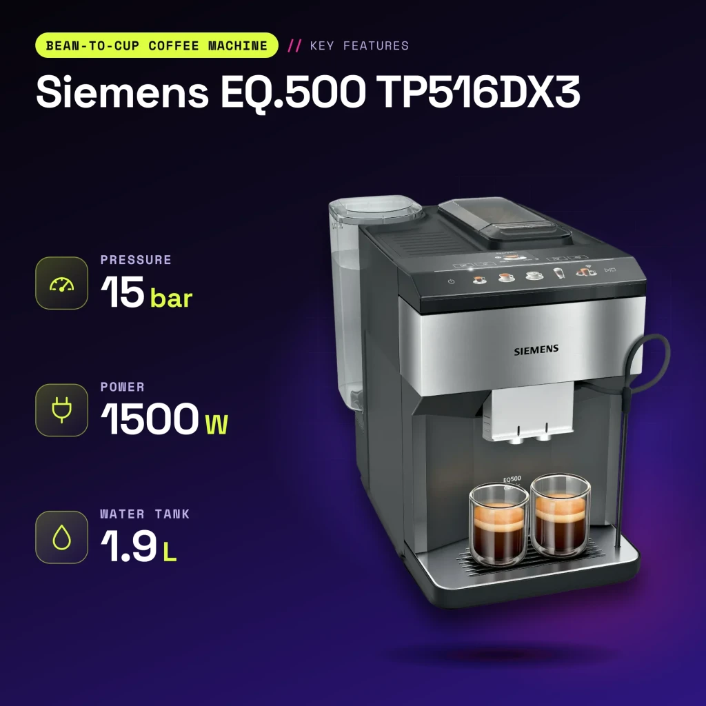 Máquina de Café Superautomática Siemens EQ.500 1,9L Moinho Cerâmico Integrado Preto TP516DX3 - características