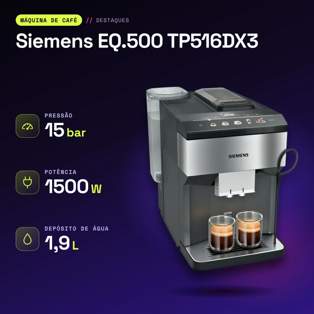 Máquina de Café Superautomática Siemens EQ.500 1,9L Moinho Cerâmico Integrado Preto TP516DX3 - características