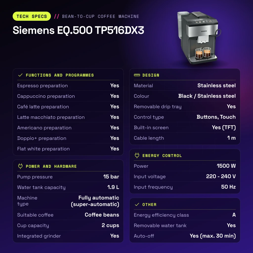 Máquina de Café Superautomática Siemens EQ.500 1,9L Moinho Cerâmico Integrado Preto TP516DX3 - características