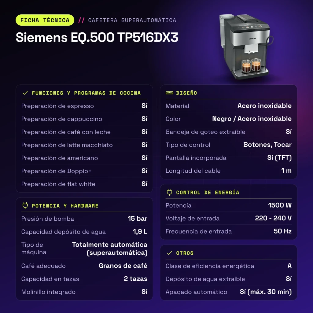 Máquina de Café Superautomática Siemens EQ.500 1,9L Moinho Cerâmico Integrado Preto TP516DX3 - características