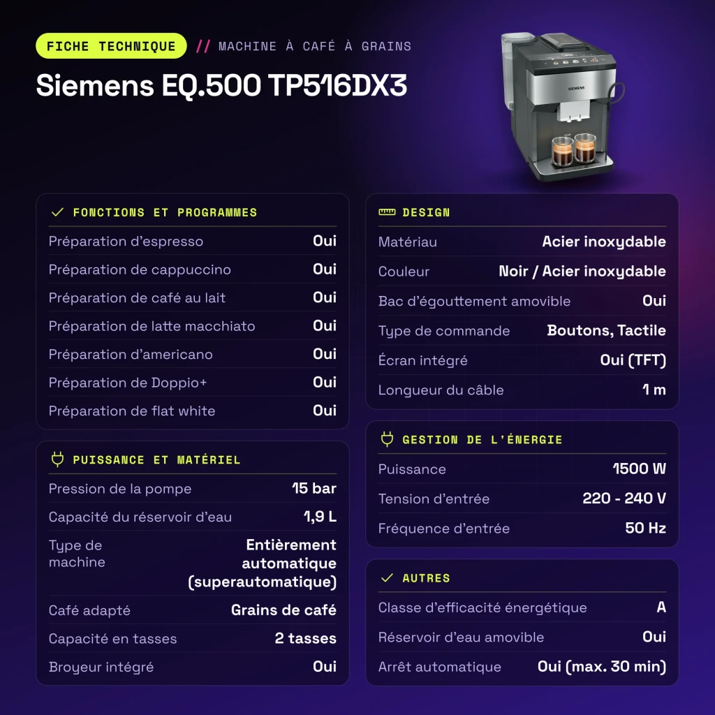 Máquina de Café Superautomática Siemens EQ.500 1,9L Moinho Cerâmico Integrado Preto TP516DX3 - características
