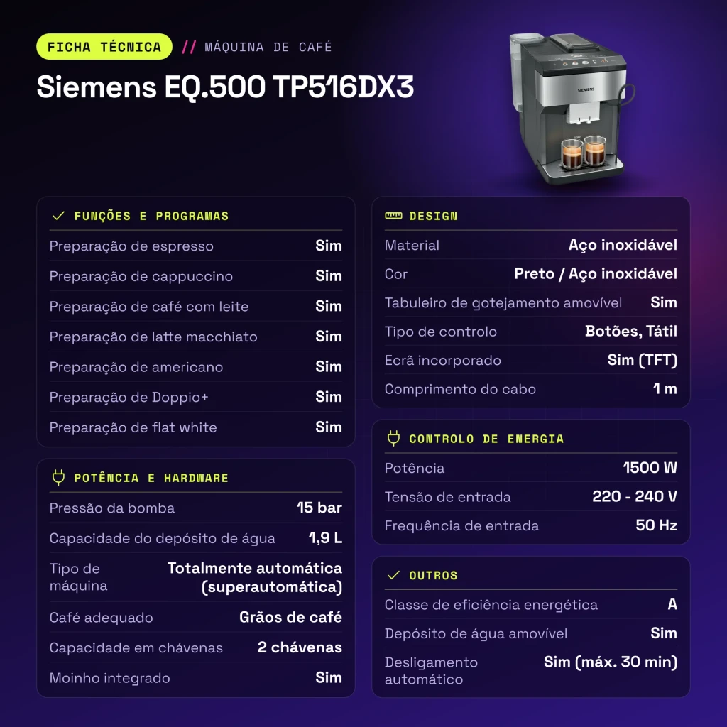 Máquina de Café Superautomática Siemens EQ.500 1,9L Moinho Cerâmico Integrado Preto TP516DX3 - características