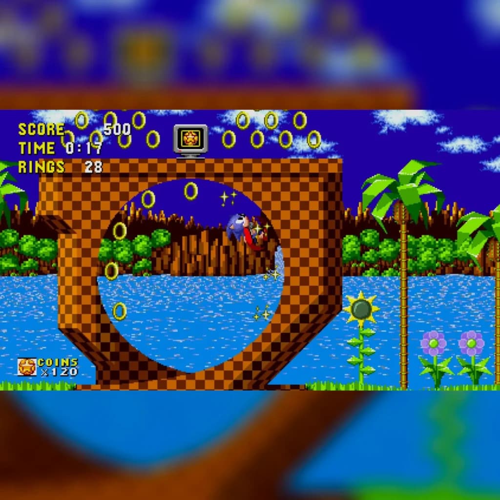 Videojogo SEGA Sonic Origins Plus Limited Edition PS4, em uso: gameplay Green Hill Zone com loop, anéis e pontuação no ecrã