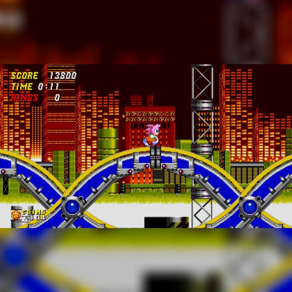Videojogo SEGA Sonic Origins Plus Limited Edition PS4, em uso: Amy Rose em nível industrial com pontuação e cenário urbano
