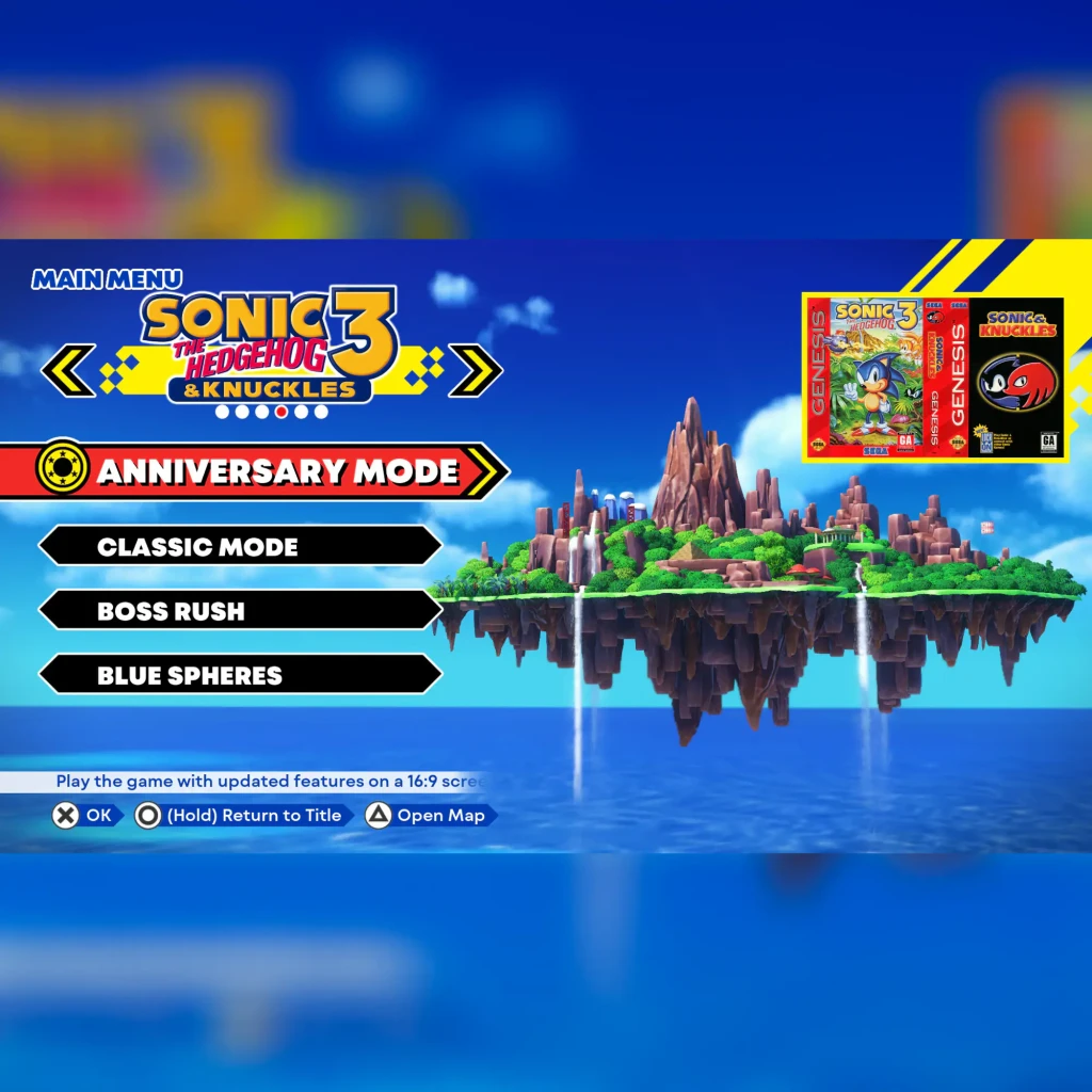 Videojogo SEGA Sonic Origins Plus Limited Edition PS4, em uso: menu principal de Sonic 3 & Knuckles com ilha flutuante
