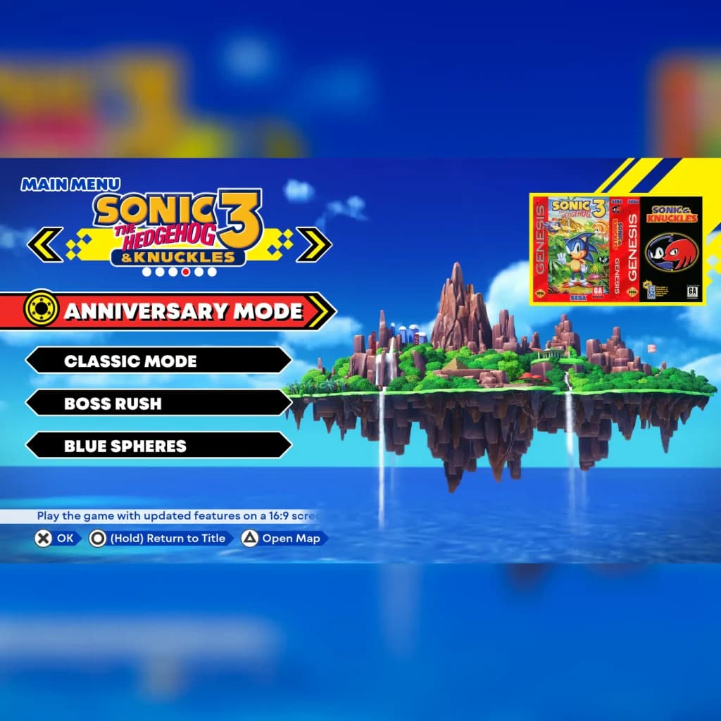 Videojogo SEGA Sonic Origins Plus Limited Edition PS4, em uso: menu principal de Sonic 3 & Knuckles com ilha flutuante
