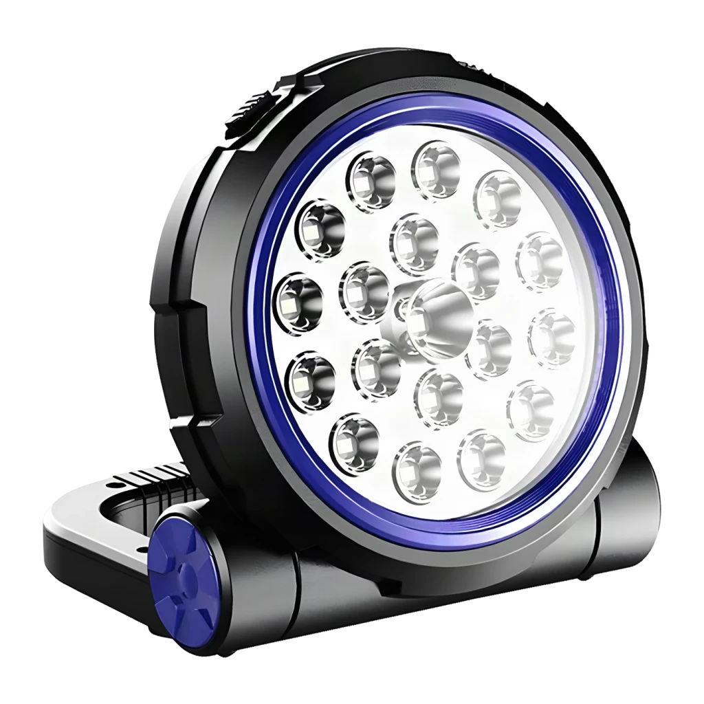 Lanterna LED Superfire GM03 Preto Recarregável 920 lúmens 100 m, vista frontal: painel LED circular com aro azul e base