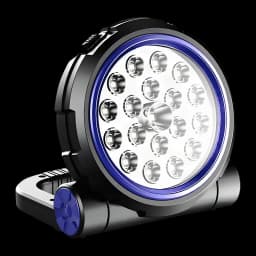 Lanterna LED Superfire GM03 Preto Recarregável 920 lúmens 100 m, vista frontal: painel LED circular com aro azul e base