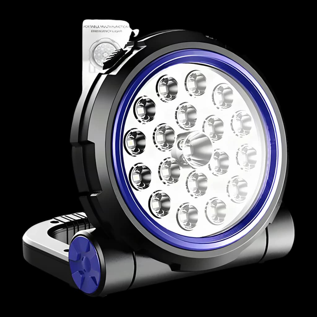 Lanterna LED Superfire GM03 Preto Recarregável 920 lúmens 100 m, detalhe frontal: painel com múltiplos LEDs e aro azul