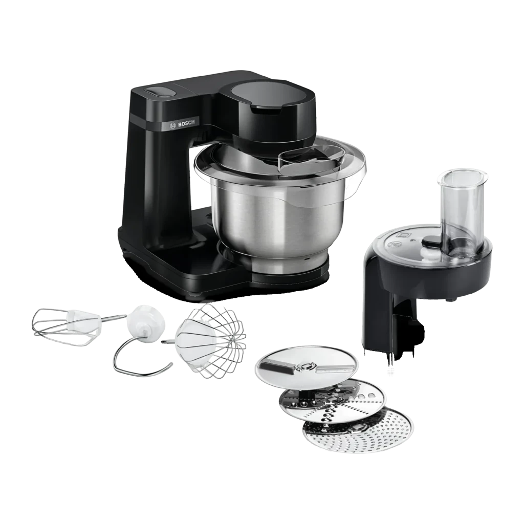 Robot de cozinha Bosch MUM Serie 2 3,8L 700W 4 Velocidades Preto MUMS2EB01, detalhe: acessórios incluídos dispostos