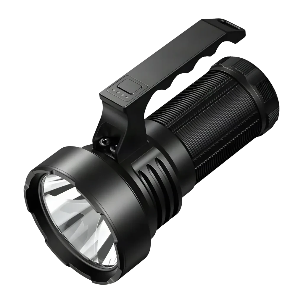 Lanterna LED Superfire L20 Preto Recarregável USB-C 5000 Lúmens 600 m, vista frontal: refletor LED grande, pega superior