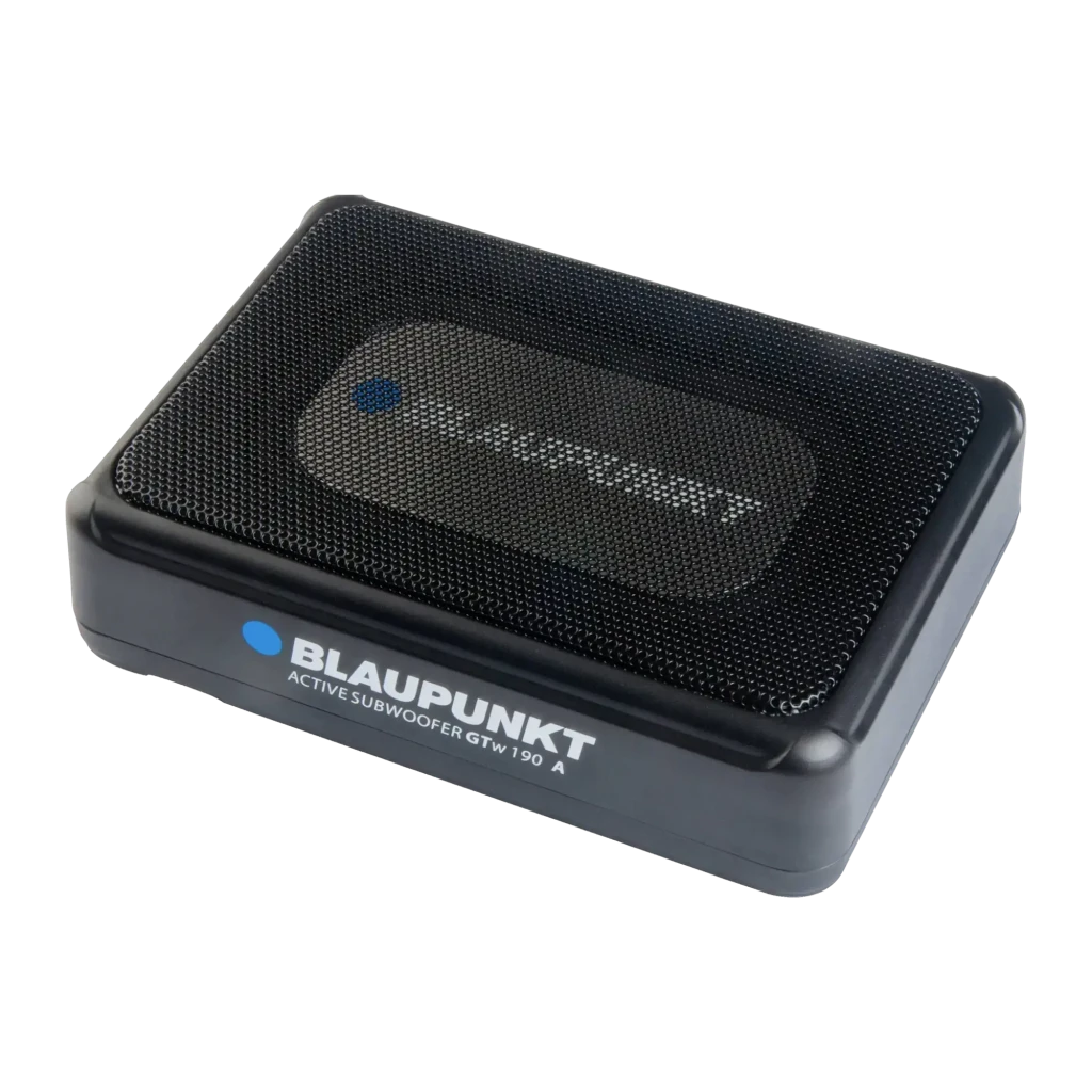 Caisson de basses pour voiture Blaupunkt GTw 190 A Actif underseat 75W RMS Noir, vue avant: boîtier compact noir avec grille