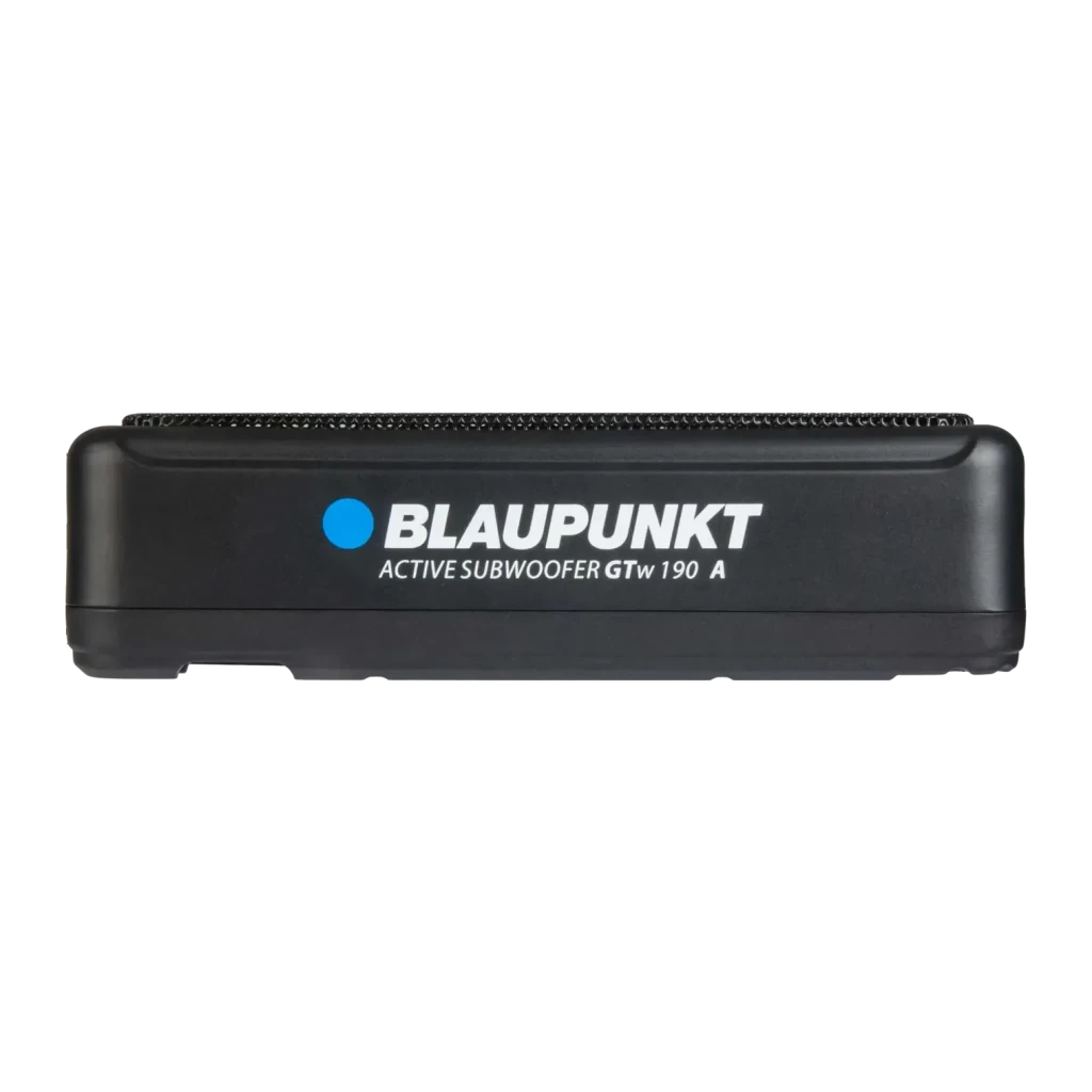 Caisson de basses pour voiture Blaupunkt GTw 190 A Actif underseat 75W RMS Noir, détail: panneau latéral avec logo et grille