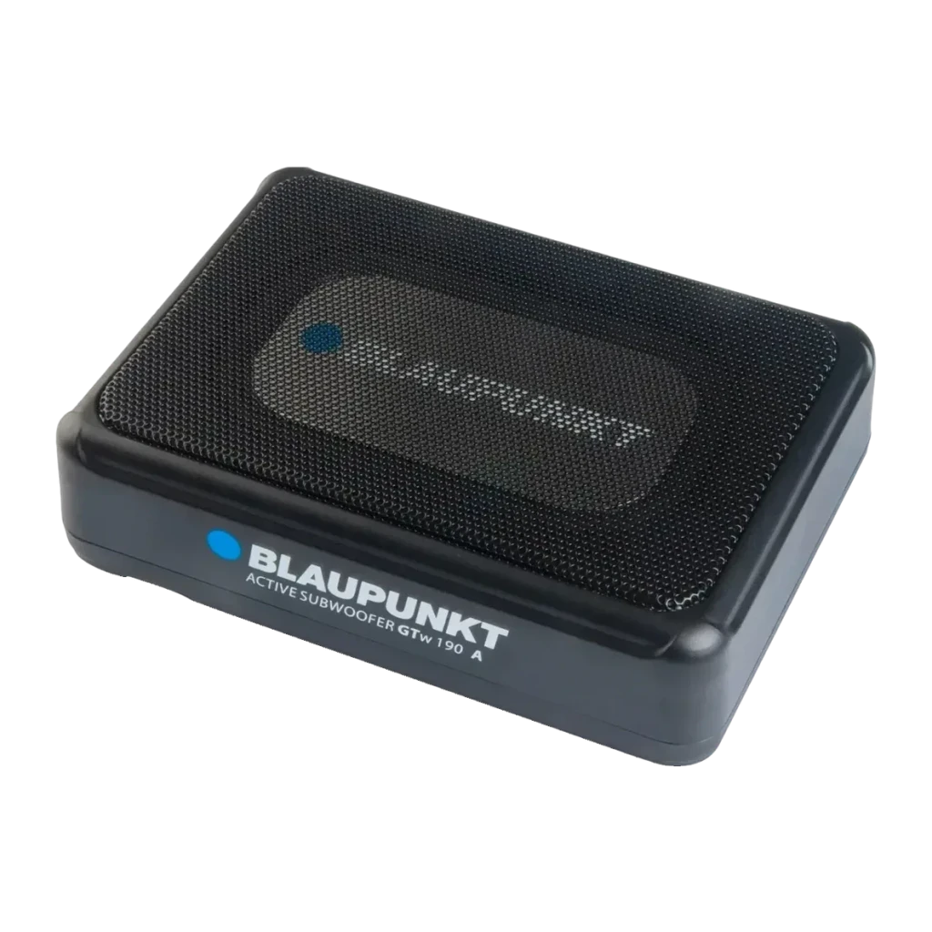 Caisson de basses pour voiture Blaupunkt GTw 190 A Actif underseat 75W RMS Noir, détail: grille avant avec logo et côté