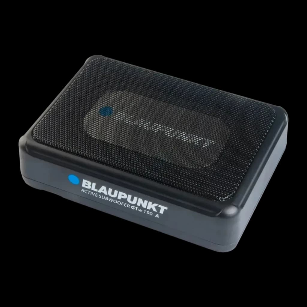 Caisson de basses pour voiture Blaupunkt GTw 190 A Actif underseat 75W RMS Noir, détail: grille avant avec logo et côté