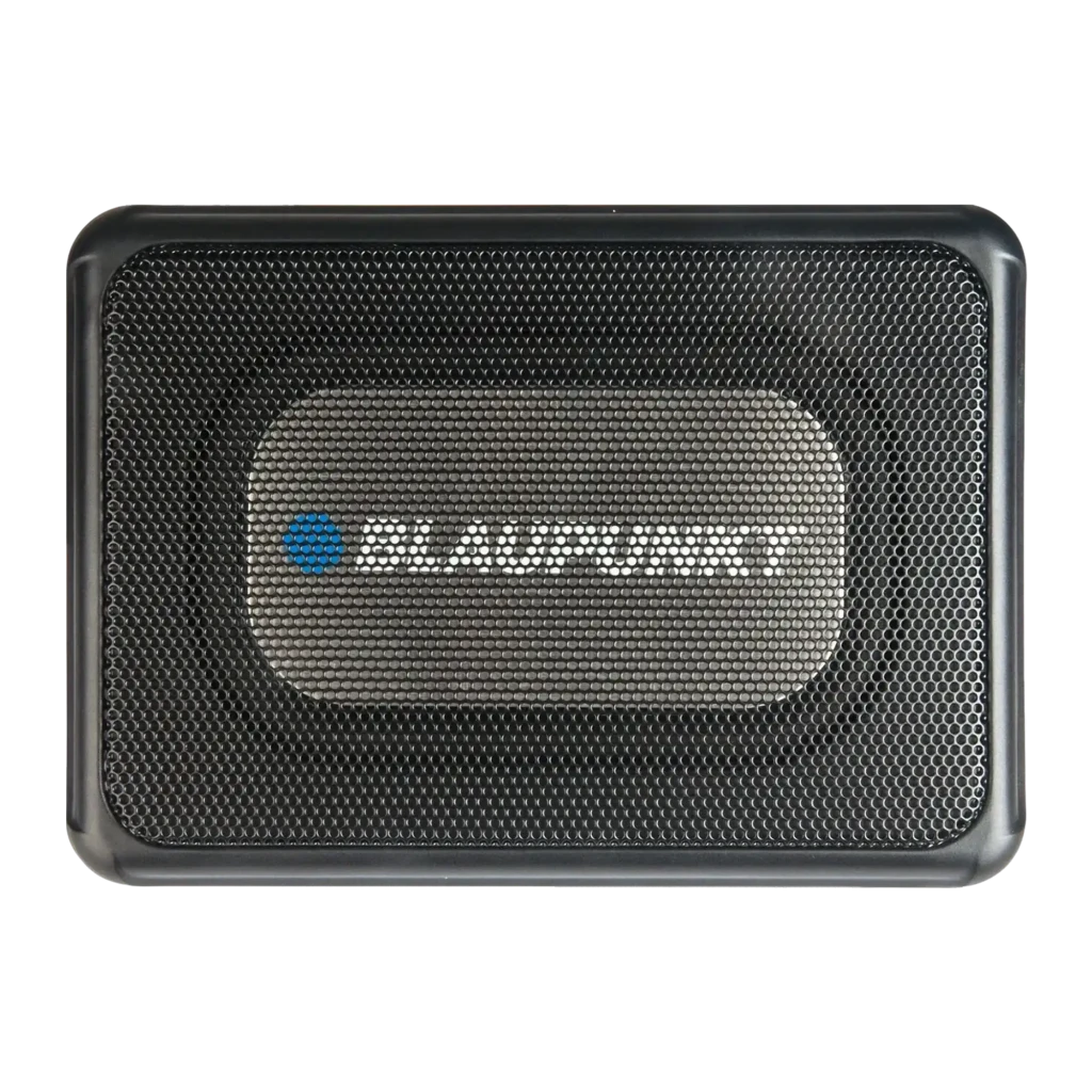 Caisson de basses pour voiture Blaupunkt GTw 190 A Actif underseat 75W RMS Noir, détail: grille métallique avant avec logo