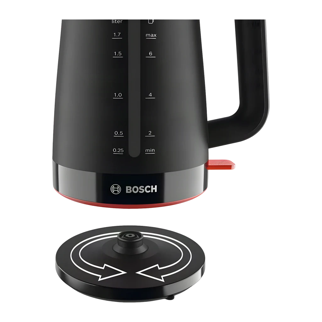 Chaleira elétrica Bosch MyMoment 1,7L 2400W Preto TWK3M123, detalhe: escala de litros, franja vermelha, logo Bosch e base