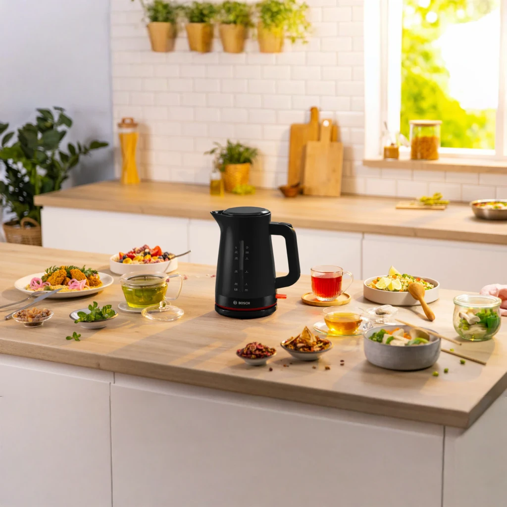 Chaleira elétrica Bosch MyMoment 1,7L 2400W Preto TWK3M123, em uso: sobre bancada de madeira rodeada de chávenas de chá