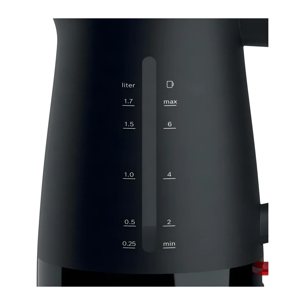 Chaleira elétrica Bosch MyMoment 1,7L 2400W Preto TWK3M123, detalhe: escala de nível com marcações em litros e chávenas