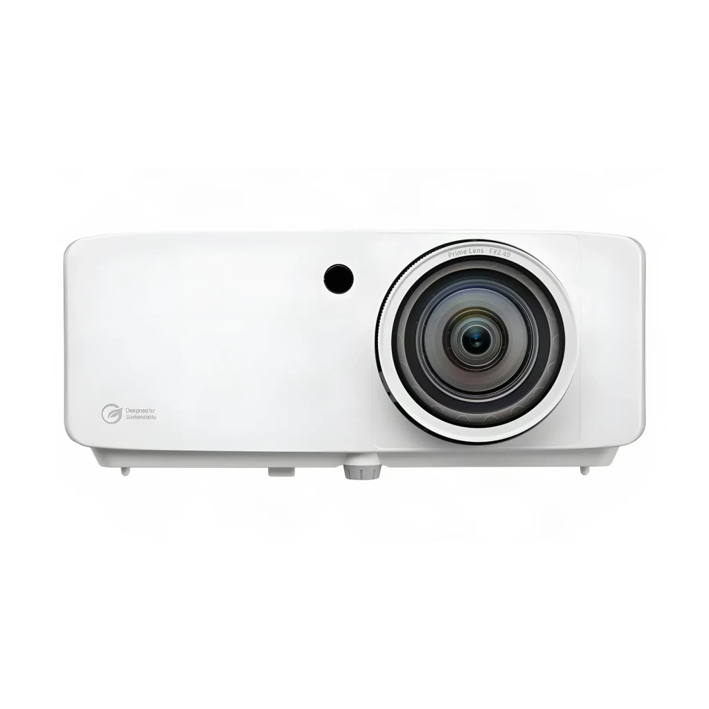 Projetor Optoma Laser 4K UHD Tiro Curto 5000 Lúmens ANSI Branco ZK521ST, detalhe: objetiva Prime Lens f/2.45 centralizada