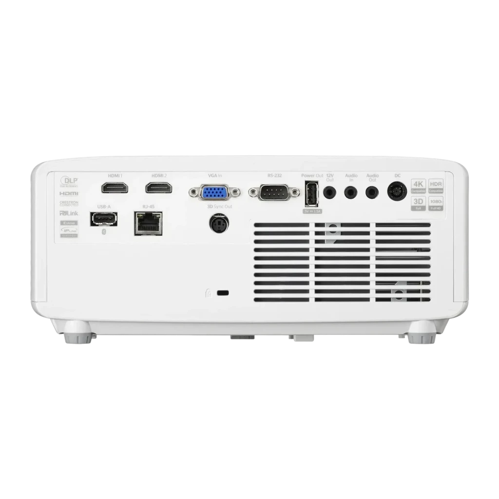 Projetor Optoma Laser 4K UHD Tiro Curto 5000 Lúmens ANSI Branco ZK521ST, vista traseira: portas HDMI, VGA, USB-A, RJ-45