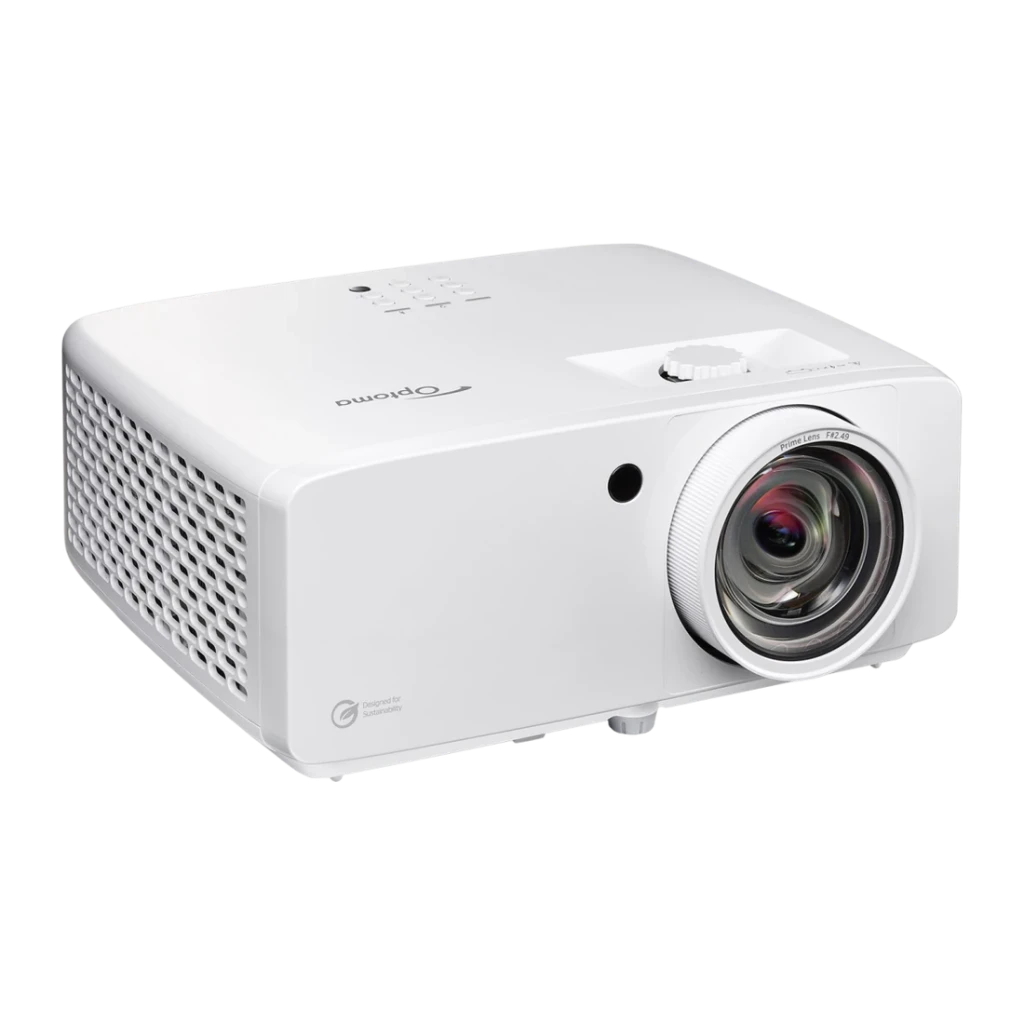 Projetor Optoma Laser 4K UHD Tiro Curto 5000 Lúmens ANSI Branco ZK521ST, detalhe: objetiva grande angular Prime F/2.49