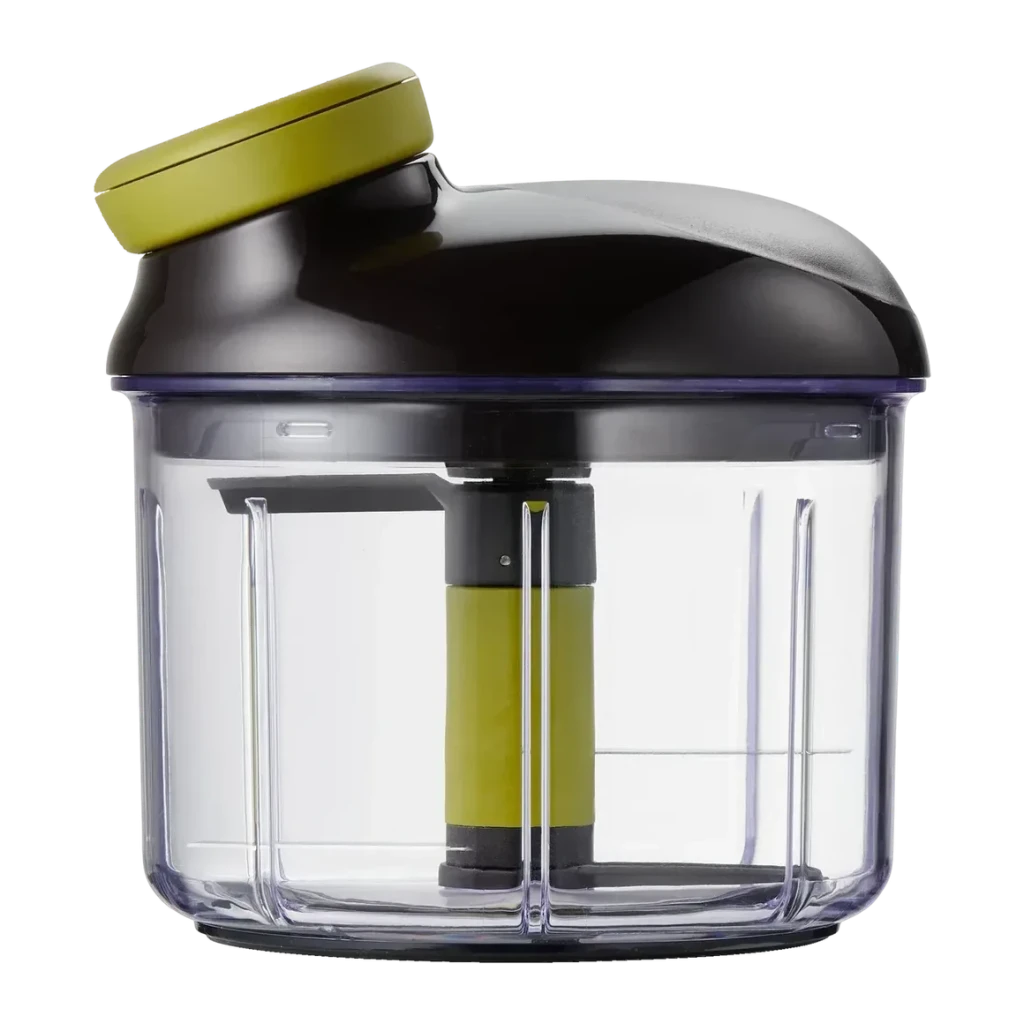 Picadora manual Tefal Ingenio Preto/Verde K13204, detalhe: copo transparente com lâminas e eixo verde interior visíveis