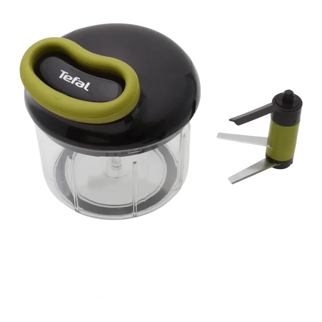 Picadora manual Tefal Ingenio Preto/Verde K13204, detalhe: tampa com pega verde e logo, copo transparente e lâminas separadas