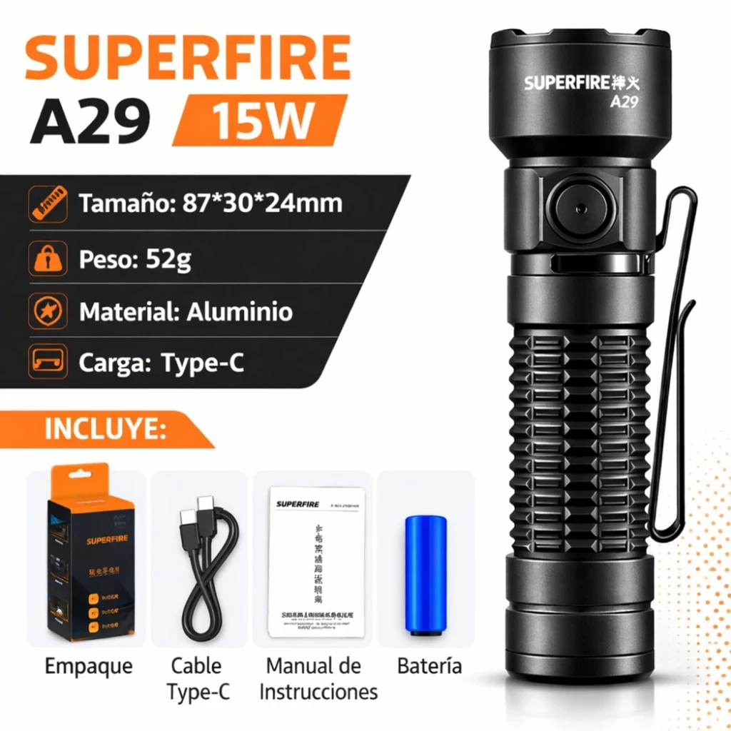 Lanterna LED Superfire A29 Preto Recarregável USB-C 1450 Lúmens 150 m, especificações: corpo alumínio com clip, cabo USB-C