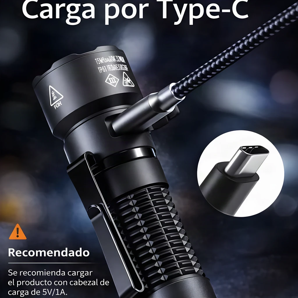 Lanterna LED Superfire A29 Preto Recarregável USB-C 1450 Lúmens 150 m, detalhe: porta Type-C na cabeça com cabo trançado