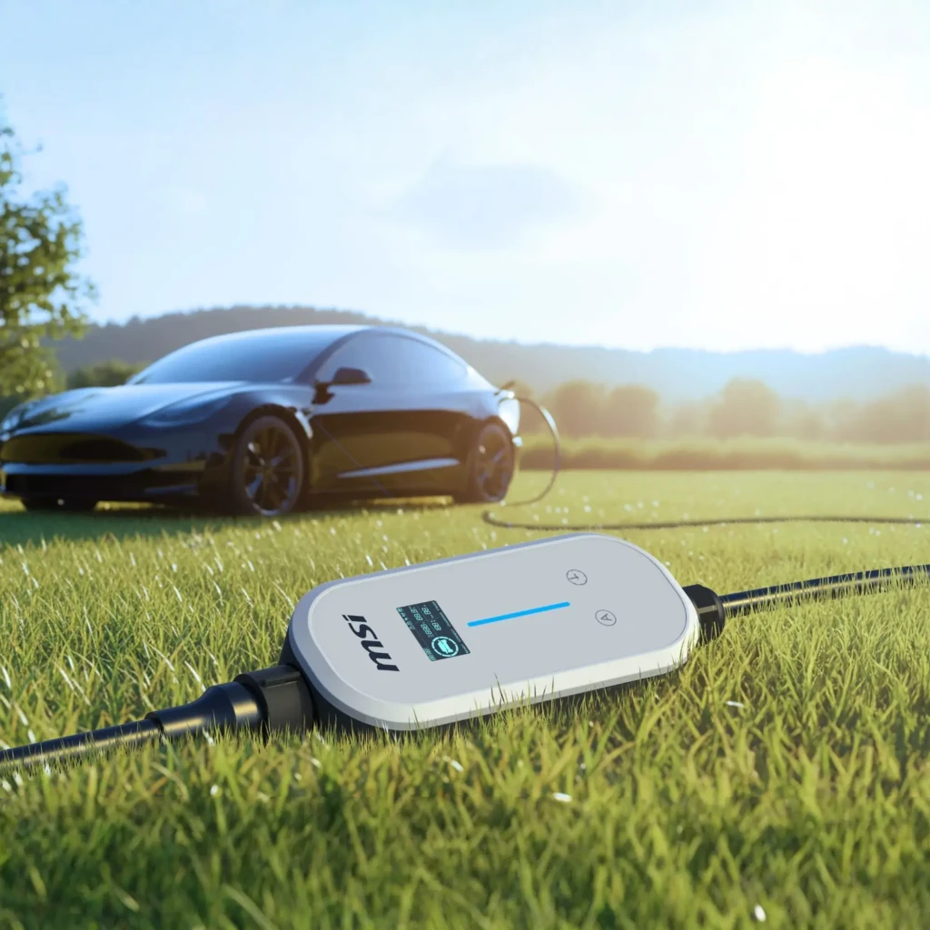Chargeur Voiture Électrique MSI EVSE EZgo Blanc 7 kW Type 2 Câble 5 m, en utilisation: boîtier sur herbe avec voiture