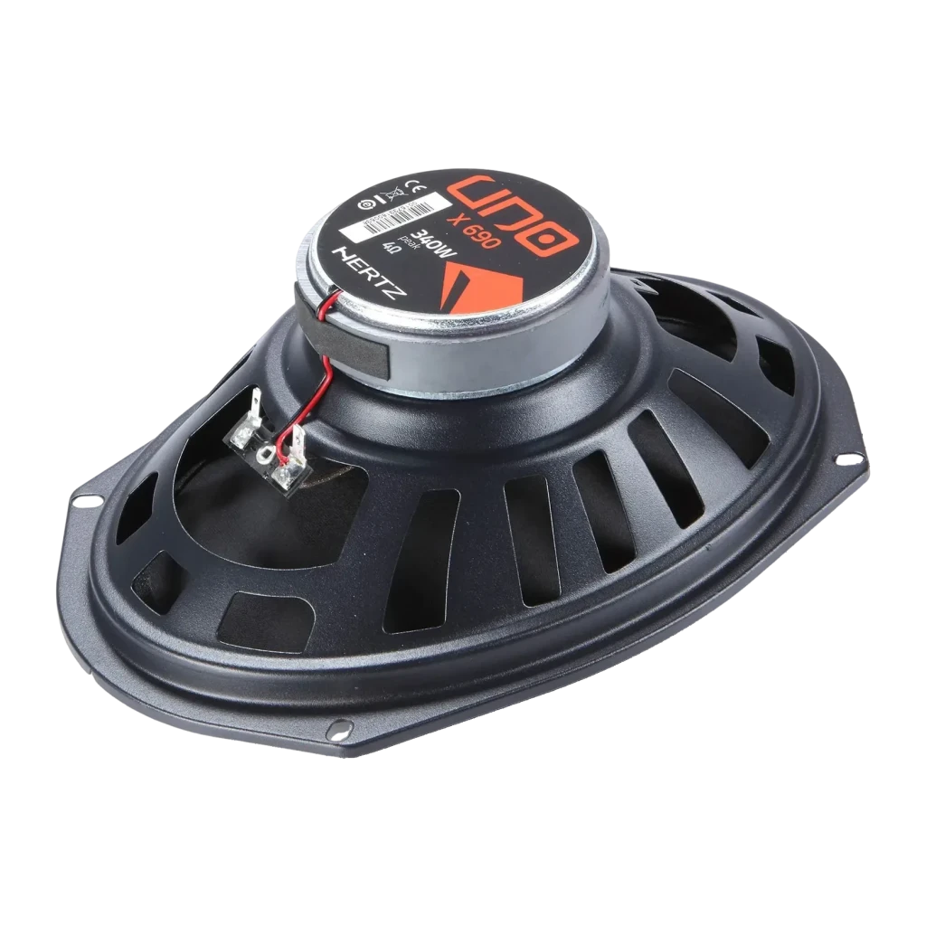 Altavoces para coche Hertz Uno X 690 6x9 pulgadas 4 vías 85W RMS Gris, vista trasera: imán, etiqueta naranja X 690, cestillo