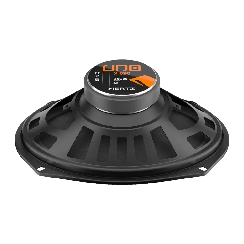 Altavoces para coche Hertz Uno X 690 6x9 pulgadas 4 vías 85W RMS Gris, vista trasera: imán central con logo UNO y etiqueta
