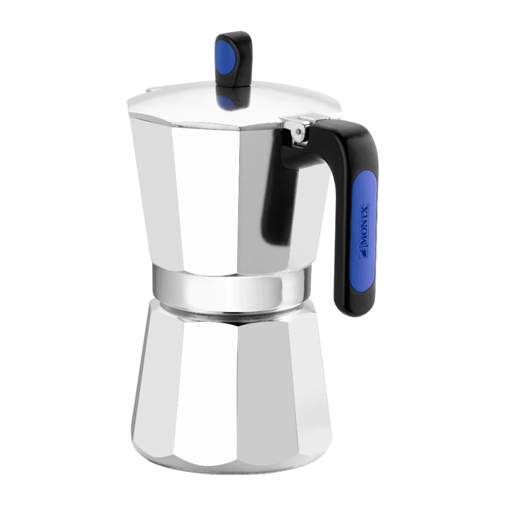 Cafetera italiana Monix Induction Express 6 Tazas Plata M860006, detalle: asa y pomo negros con insertos azules y logo Monix