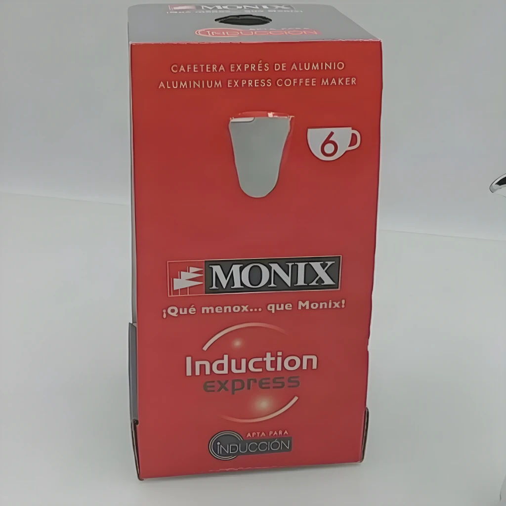 Cafetera italiana Monix Induction Express 6 Tazas Plata M860006, contenido de la caja: caja roja frontal con silueta